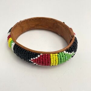 Vintage 90s Maasai African Glass Bead Leather Bangle Bracelet Boho Jewelry